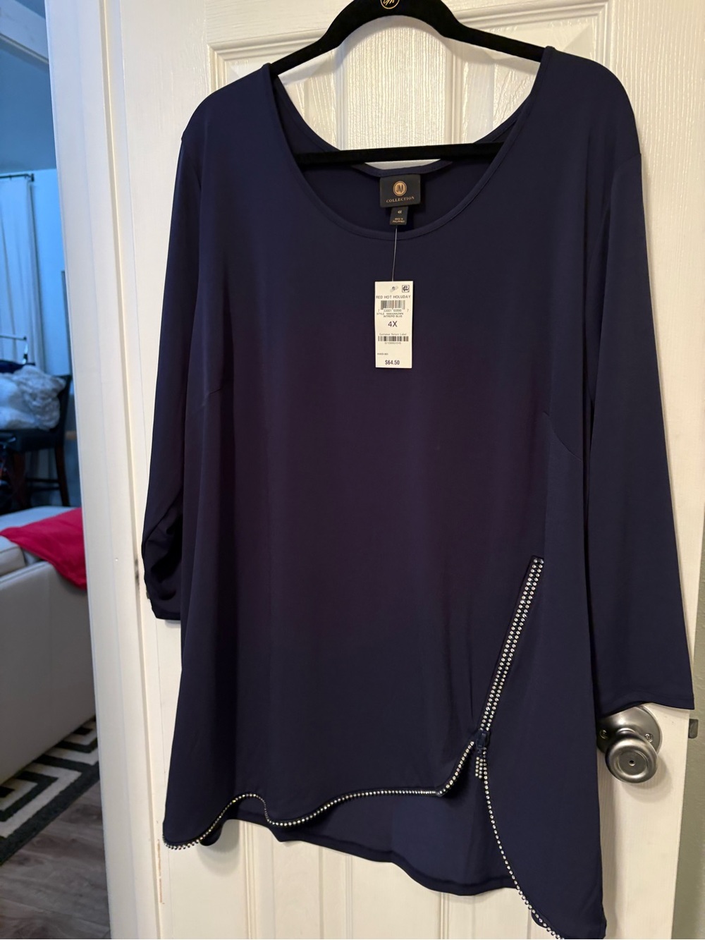JM Collection Navy Long-Sleeve Embellished Zip-Trim Tunic Top - Women